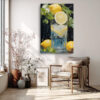Lemon and ice glass tumbler still life in vivid yellow and green acrylic, high-contrast wall art for kitchen or dining room