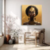 Regal woman in gold art deco headdress and filigree earrings, halo sunburst background, dramatic portrait canvas wall art