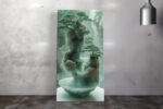 Tiered jade stone sculpture with bonsai trees and cascading waterfalls in sage green, serene japandi wall art canvas