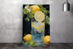 Lemon and ice glass tumbler still life in vivid yellow and green acrylic, high-contrast wall art for kitchen or dining room