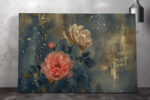 Pink and cream roses with gold speckles on dark slate background, botanical mixed-media canvas art for bedroom