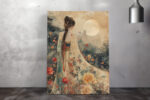 Woman in embroidered hanfu under a full moon with pagoda and blossoms, romantic mixed-media portrait canvas wall art
