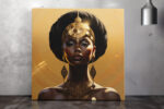 Regal woman in gold art deco headdress and filigree earrings, halo sunburst background, dramatic portrait canvas wall art