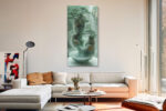 Tiered jade stone sculpture with bonsai trees and cascading waterfalls in sage green, serene japandi wall art canvas