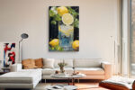 Lemon and ice glass tumbler still life in vivid yellow and green acrylic, high-contrast wall art for kitchen or dining room