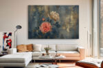 Pink and cream roses with gold speckles on dark slate background, botanical mixed-media canvas art for bedroom