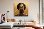 Regal woman in gold art deco headdress and filigree earrings, halo sunburst background, dramatic portrait canvas wall art