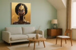 Regal woman in gold art deco headdress and filigree earrings, halo sunburst background, dramatic portrait canvas wall art