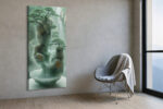 Tiered jade stone sculpture with bonsai trees and cascading waterfalls in sage green, serene japandi wall art canvas