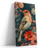 Photorealistic finch with red poppies and pink roses in dark teal, botanical mixed-media portrait canvas wall art