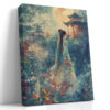 Woman in crimson hanfu robe beneath full moon in Chinese garden, mixed-media portrait canvas for bedroom