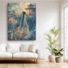Woman in crimson hanfu robe beneath full moon in Chinese garden, mixed-media portrait canvas for bedroom
