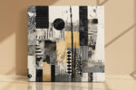 Geometric collage panels in near-black, cream and warm gold ochre, mixed-media abstract canvas wall art for living room