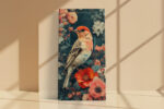 Photorealistic finch with red poppies and pink roses in dark teal, botanical mixed-media portrait canvas wall art