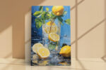 Lemon slices and ice in a glass tumbler with water splashes, bold cobalt blue and yellow digital art canvas for kitchen