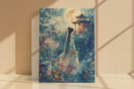 Woman in crimson hanfu robe beneath full moon in Chinese garden, mixed-media portrait canvas for bedroom