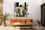 Geometric collage panels in near-black, cream and warm gold ochre, mixed-media abstract canvas wall art for living room