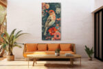 Photorealistic finch with red poppies and pink roses in dark teal, botanical mixed-media portrait canvas wall art