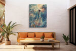 Woman in crimson hanfu robe beneath full moon in Chinese garden, mixed-media portrait canvas for bedroom