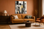 Geometric collage panels in near-black, cream and warm gold ochre, mixed-media abstract canvas wall art for living room