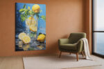 Lemon slices and ice in a glass tumbler with water splashes, bold cobalt blue and yellow digital art canvas for kitchen