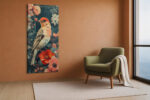 Photorealistic finch with red poppies and pink roses in dark teal, botanical mixed-media portrait canvas wall art