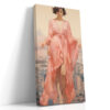 Woman in salmon-pink robe before a hazy harbour cityscape, pastel illustration portrait canvas for bedroom or living room