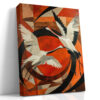 Two red-crowned cranes in flight, vivid red-orange geometric background, bold contemporary canvas wall art for living room