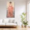 Woman in salmon-pink robe before a hazy harbour cityscape, pastel illustration portrait canvas for bedroom or living room
