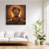 Steampunk male portrait with gear halo in amber gold and deep brown, bold industrial digital art canvas print
