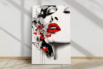 Close-cropped woman's face with vivid red lips and butterflies, monochrome mixed-media portrait canvas wall art