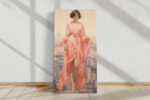 Woman in salmon-pink robe before a hazy harbour cityscape, pastel illustration portrait canvas for bedroom or living room