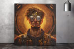 Steampunk male portrait with gear halo in amber gold and deep brown, bold industrial digital art canvas print