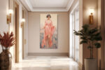 Woman in salmon-pink robe before a hazy harbour cityscape, pastel illustration portrait canvas for bedroom or living room