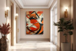 Two red-crowned cranes in flight, vivid red-orange geometric background, bold contemporary canvas wall art for living room