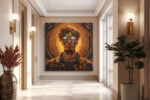 Steampunk male portrait with gear halo in amber gold and deep brown, bold industrial digital art canvas print