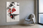 Close-cropped woman's face with vivid red lips and butterflies, monochrome mixed-media portrait canvas wall art