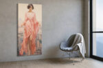 Woman in salmon-pink robe before a hazy harbour cityscape, pastel illustration portrait canvas for bedroom or living room