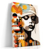 Woman's portrait with geometric circles and drip lines in amber, teal and red-orange, mixed-media wall art for living room