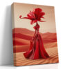 Robotic humanoid with flower head in vivid crimson red, surrealist desert digital art canvas for living room
