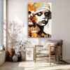Woman's portrait with geometric circles and drip lines in amber, teal and red-orange, mixed-media wall art for living room