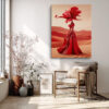 Robotic humanoid with flower head in vivid crimson red, surrealist desert digital art canvas for living room
