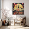 Silhouetted woman with coral skirt against golden moon, shorebirds and roses, surreal mixed-media collage canvas wall art
