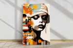 Woman's portrait with geometric circles and drip lines in amber, teal and red-orange, mixed-media wall art for living room