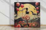 Silhouetted woman with coral skirt against golden moon, shorebirds and roses, surreal mixed-media collage canvas wall art