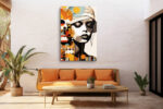 Woman's portrait with geometric circles and drip lines in amber, teal and red-orange, mixed-media wall art for living room