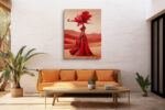 Robotic humanoid with flower head in vivid crimson red, surrealist desert digital art canvas for living room