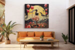 Silhouetted woman with coral skirt against golden moon, shorebirds and roses, surreal mixed-media collage canvas wall art
