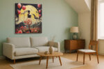 Silhouetted woman with coral skirt against golden moon, shorebirds and roses, surreal mixed-media collage canvas wall art