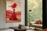 Robotic humanoid with flower head in vivid crimson red, surrealist desert digital art canvas for living room